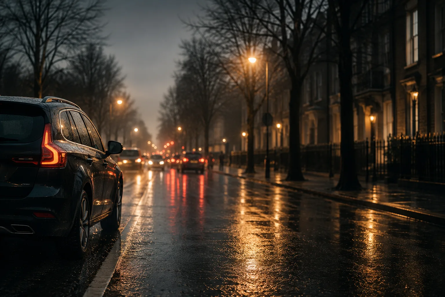 Traffic on a wet road at night