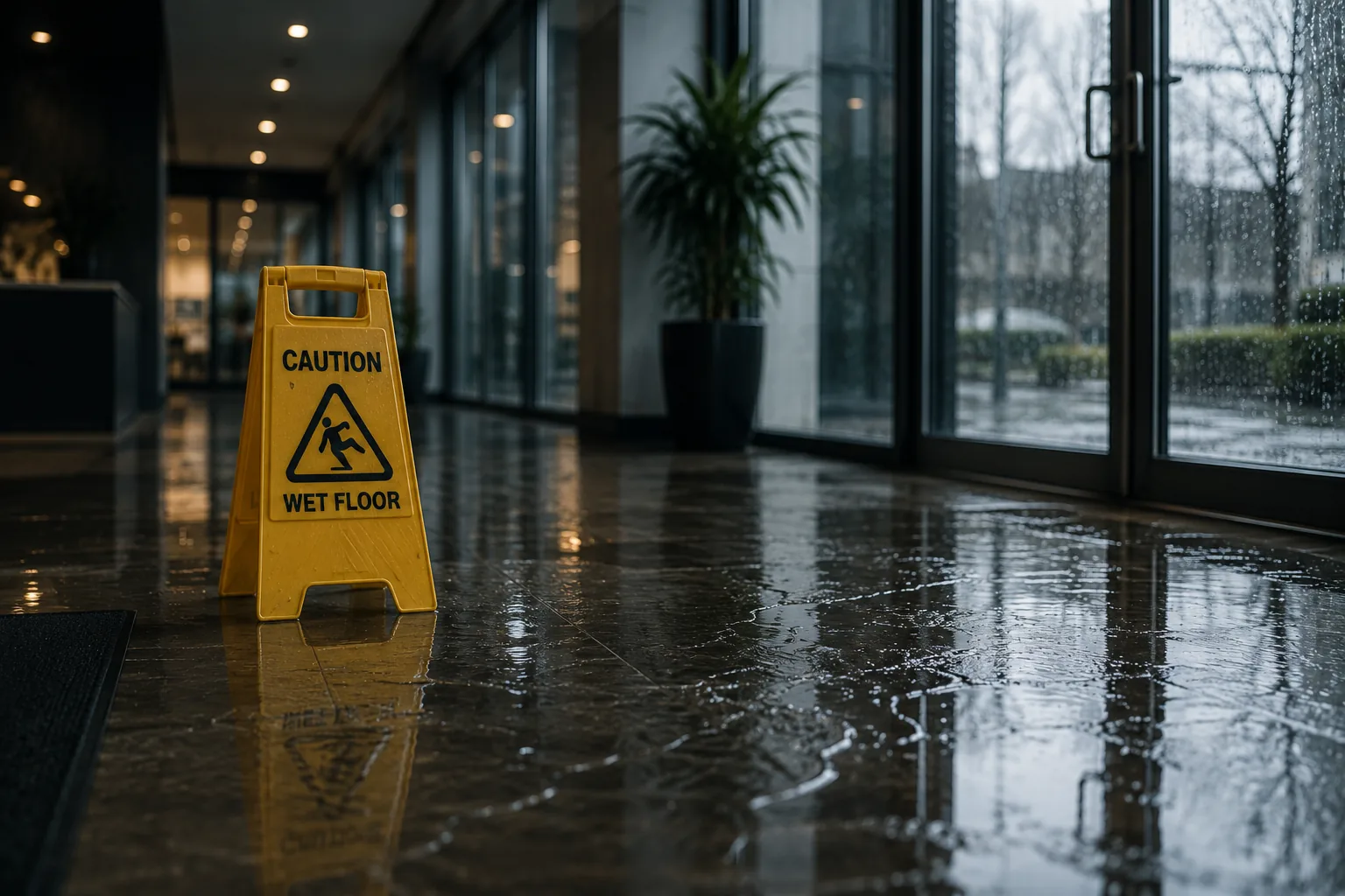 Wet floor warning sign in a public building